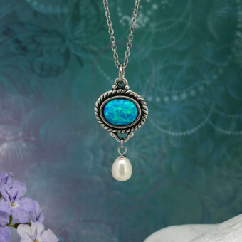 Opal Pendant, Freshwater Pearl, Blue Fire Created Opal