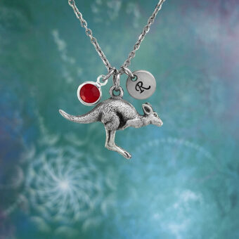 Personalised Kangaroo Necklace with Stainless Steel Chain, Crystal Birthstone & Optional Hand Stamped Initial Disc