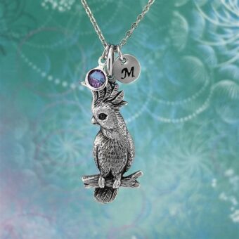 Personalised Cockatoo Necklace with Stainless Steel Chain, Crystal Birthstone & Optional Hand Stamped Initial Disc