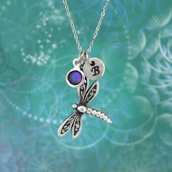 Dragonfly Necklace with Optional Initial Disc & Birthstone