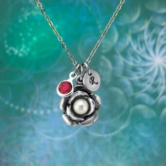 Rose Pearl Flower Necklace with Initial & Birthstone