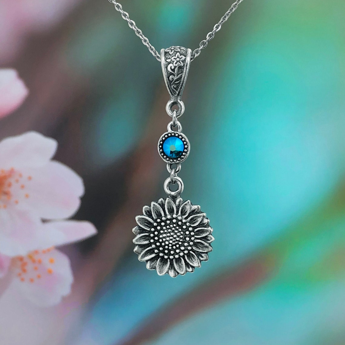 Sunflower Necklace with Personalised Swarovski Birthstone