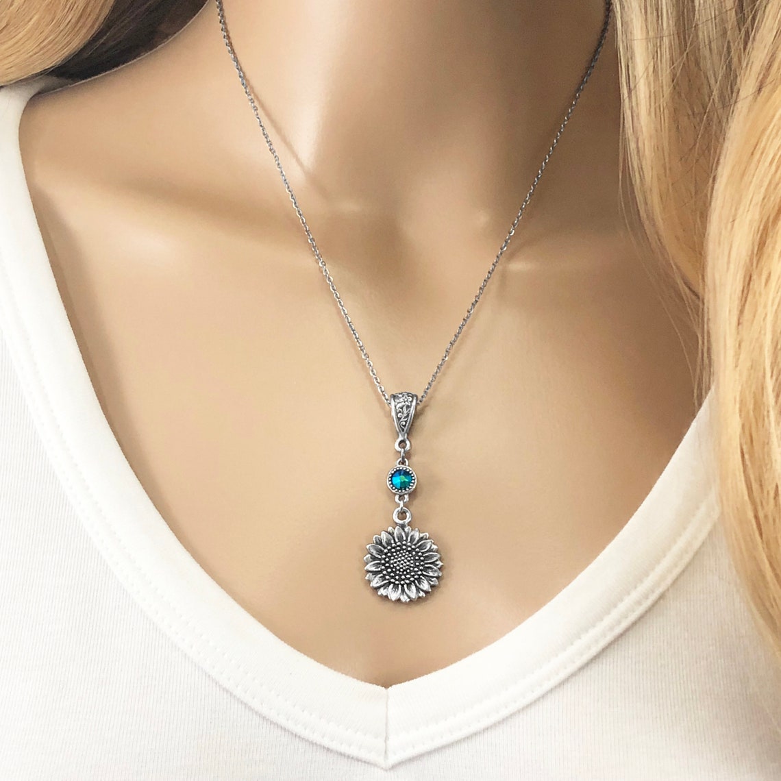 Sunflower Necklace with Personalised Swarovski Birthstone - Image 2