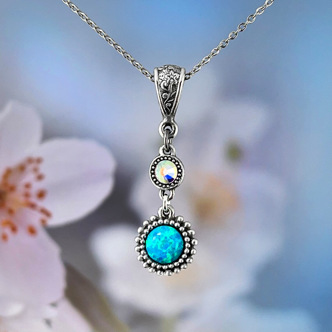 Blue Fire Opal Personalised Necklace with Swarovski Birthstone