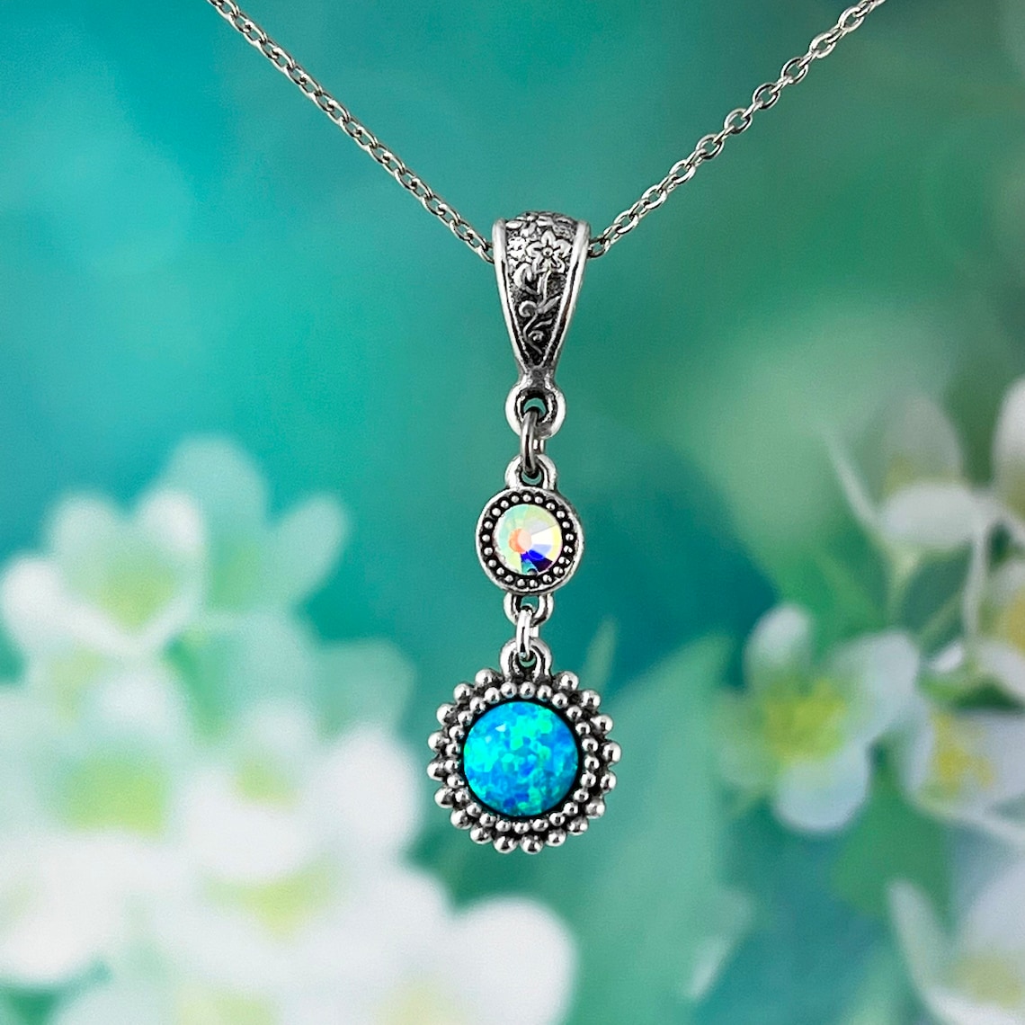 Blue Fire Opal Personalised Necklace with Swarovski Birthstone - Image 2