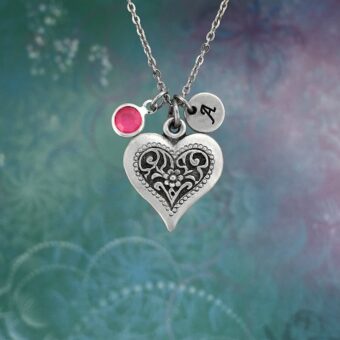 Personalised Love Heart Necklace with Optional Birthstone and Initial Disc