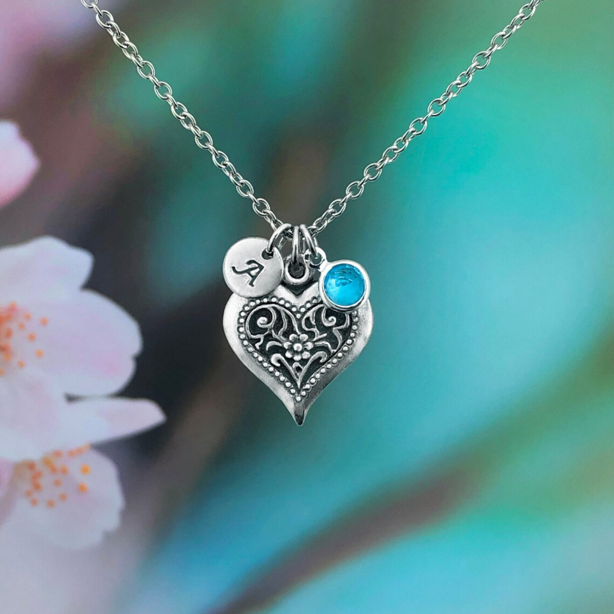 Personalised Love Heart Necklace with Optional Birthstone and Initial Disc - Image 2