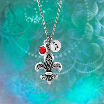 Personalised Fleur De Lis Necklace with Optional Birthstone and Initial Disc