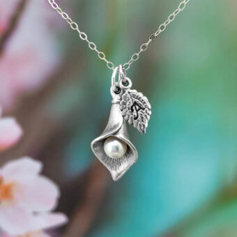 Lily Flower Necklace With Natural Freshwater Pearl and Optional Personalised Leaf Initial