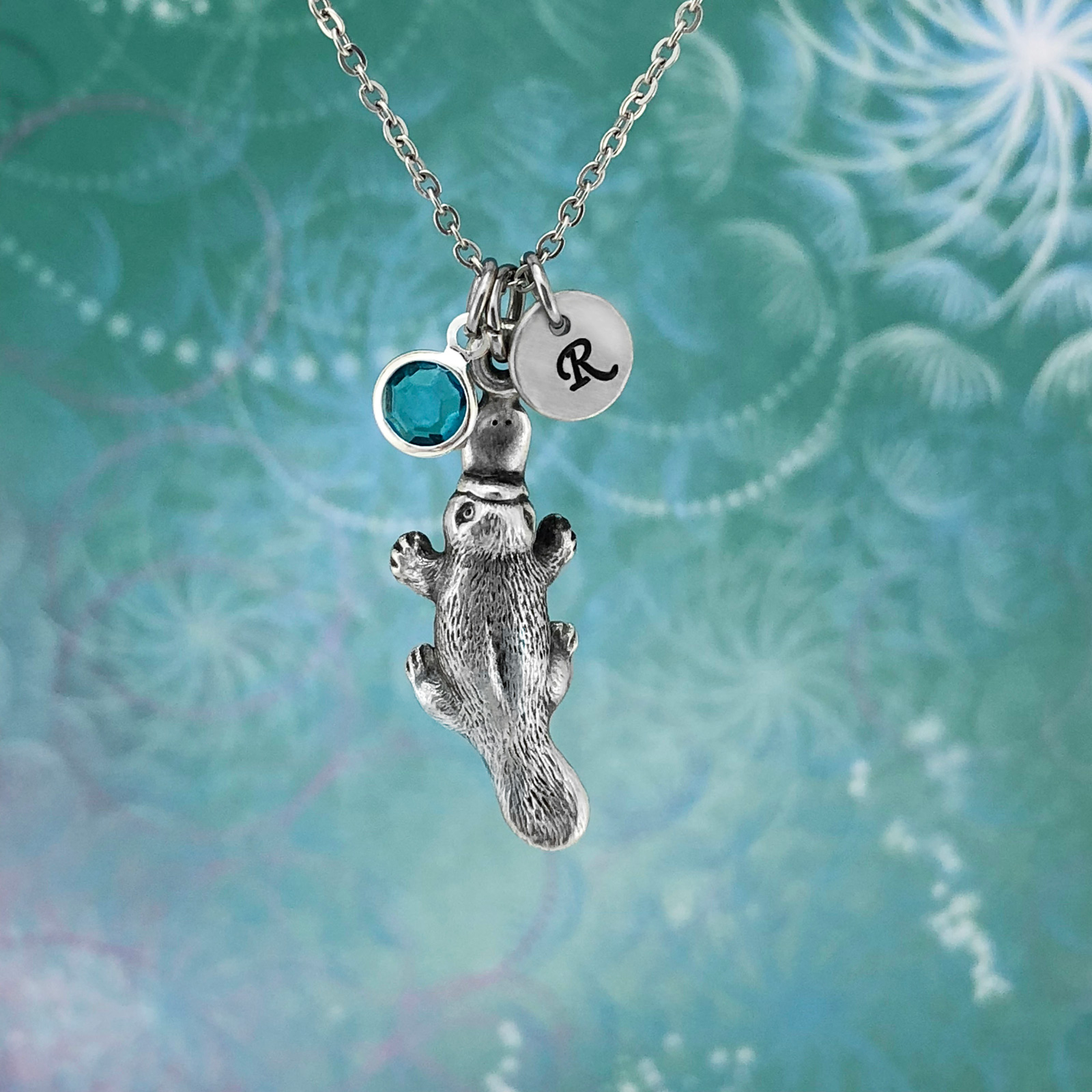 Personalised Platypus Necklace with Stainless Steel Chain, Crystal Birthstone & Optional Hand Stamped Initial Disc