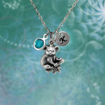 Personalised Koala Necklace with Stainless Steel Chain, Crystal Birthstone & Optional Hand Stamped Initial Disc