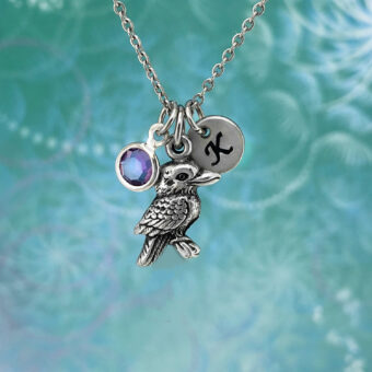 Personalised Baby Kookaburra Necklace with Stainless Steel Chain, Crystal Birthstone & Optional Hand Stamped Initial Disc