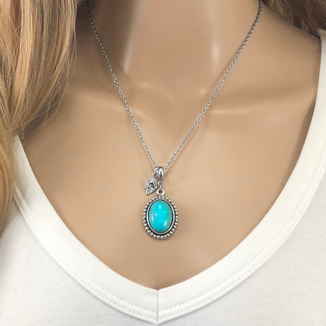 Turquoise Necklace with Optional Personalised Initial Leaf - Image 2