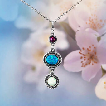 Multi Color Blue & White Opal Personalised Necklace with Swarovski Birthstone